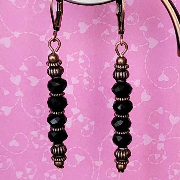 Black CRYSTAL Rondelle EARRINGS Copper Brass Lever Back Earwires Art Deco - Picture 4 of 9